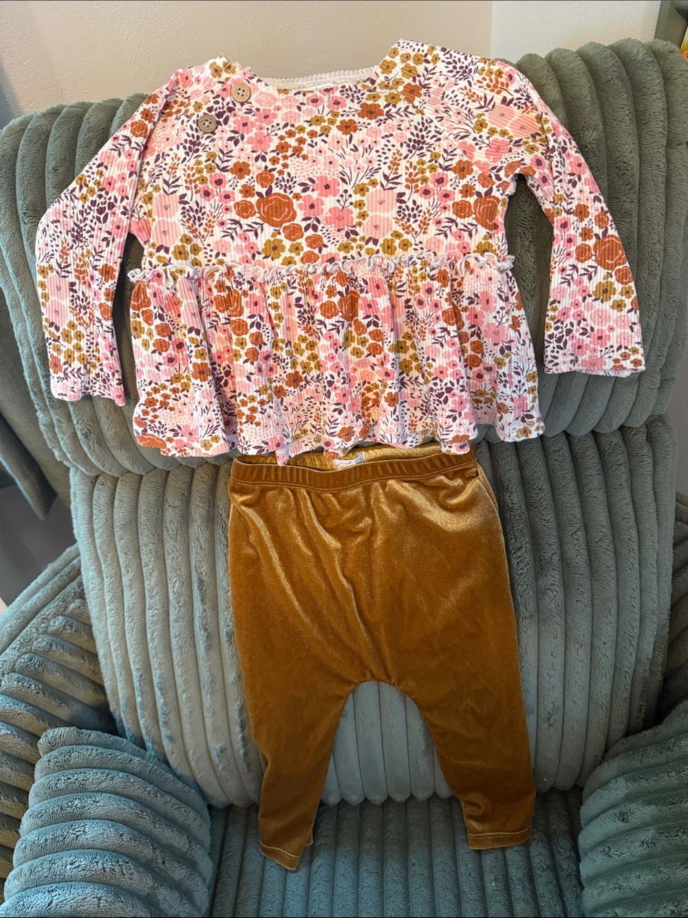 Mud Pie Pink Floral Top with Brown Velvet Leggings